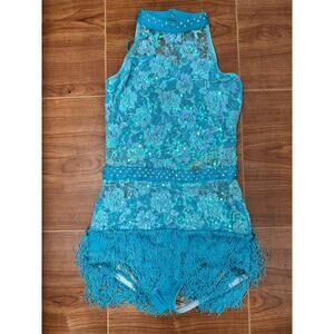 Dance Costume Small Adult Turquoise 10th House TH21024 Jazz Lyrical Lace Fringe